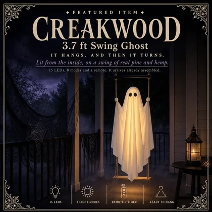 The lit ghost on its wooden swing on a night porch, its name and four icons across the foot of the frame