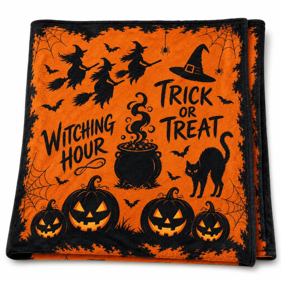 The witch-print throw folded in half on white, showing witches, a cauldron and jack-o'-lanterns