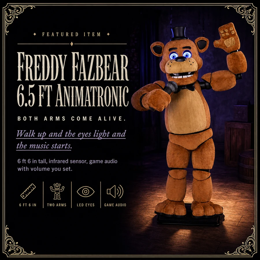 Featured card: the 6.5 ft stage bear animatronic waving with its microphone, specs listed beside it.