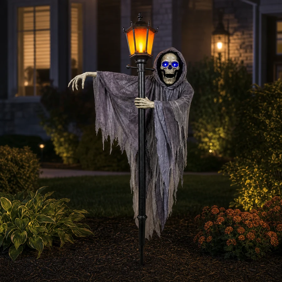 A single lit gaslight ghoul staked in a mulched flower bed at night