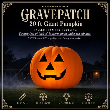 Featured card: the 20 ft inflatable jack-o'-lantern glowing on a night lawn, taller than the house behind it.