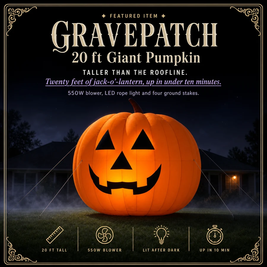 Featured card: the 20 ft inflatable jack-o'-lantern glowing on a night lawn, taller than the house behind it.