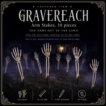 Featured card: the bone arm stakes clawing out of a foggy night lawn, with the pack size and reach listed.