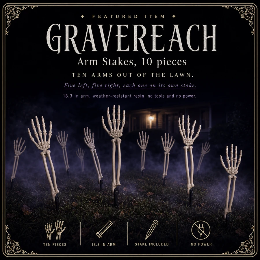 Featured card: the bone arm stakes clawing out of a foggy night lawn, with the pack size and reach listed.