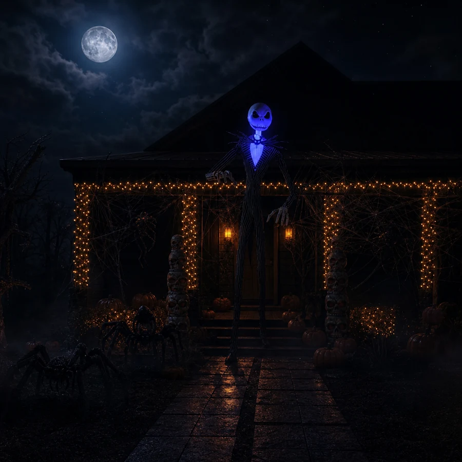 The figure's head glowing with cool blue-violet LED light against a fully dark yard at night
