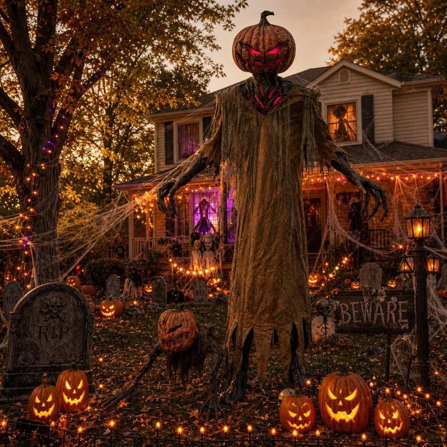 The figure standing among a fully decorated front yard with jack-o'-lanterns and string lights at dusk