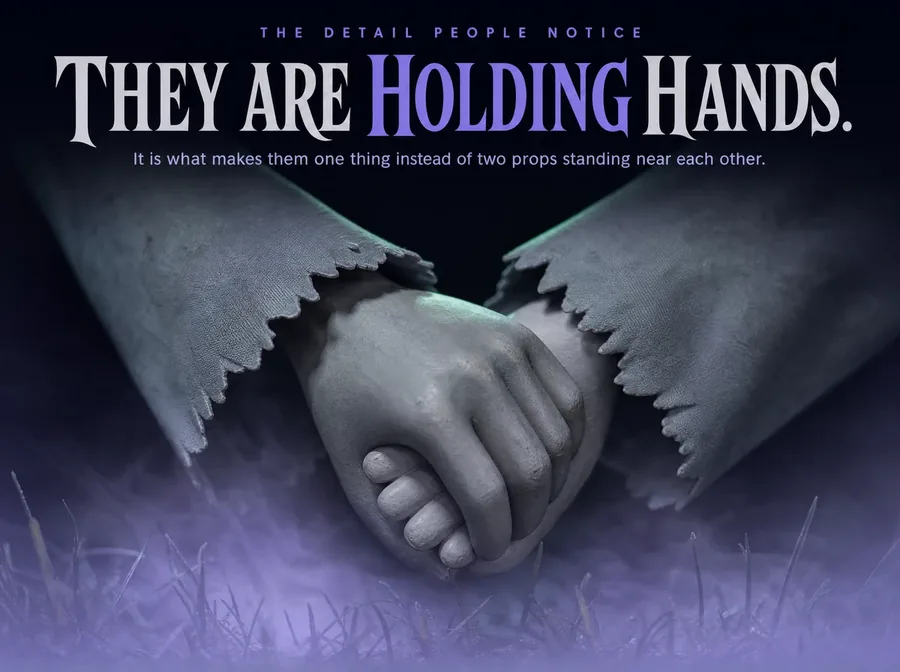 Low night macro of the two joined hands above pale violet ground fog, the rest of the pair lost in the dark.