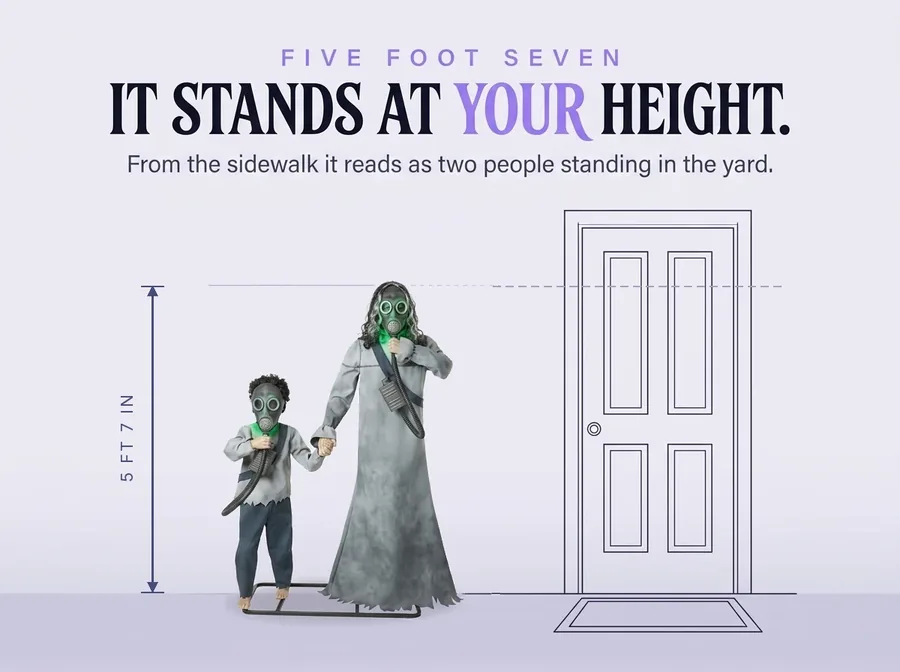 Size diagram on a pale ground: the taller figure measured at 5 ft 7 in beside a front door and a grey silhouette.
