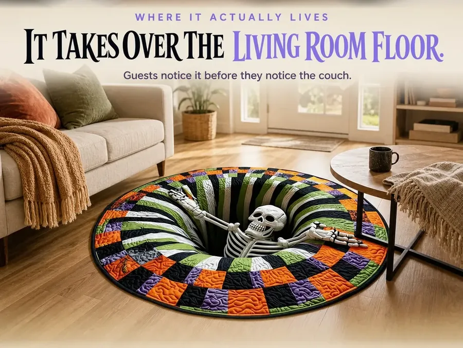 A round illusion rug centered on a living room floor between a sofa and a coffee table in daylight.