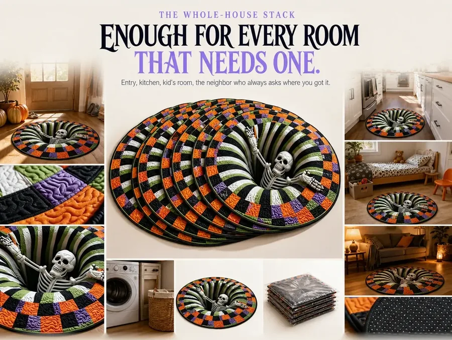 A fanned stack of several identical illusion rugs shown from above, arranged like a hand of cards.