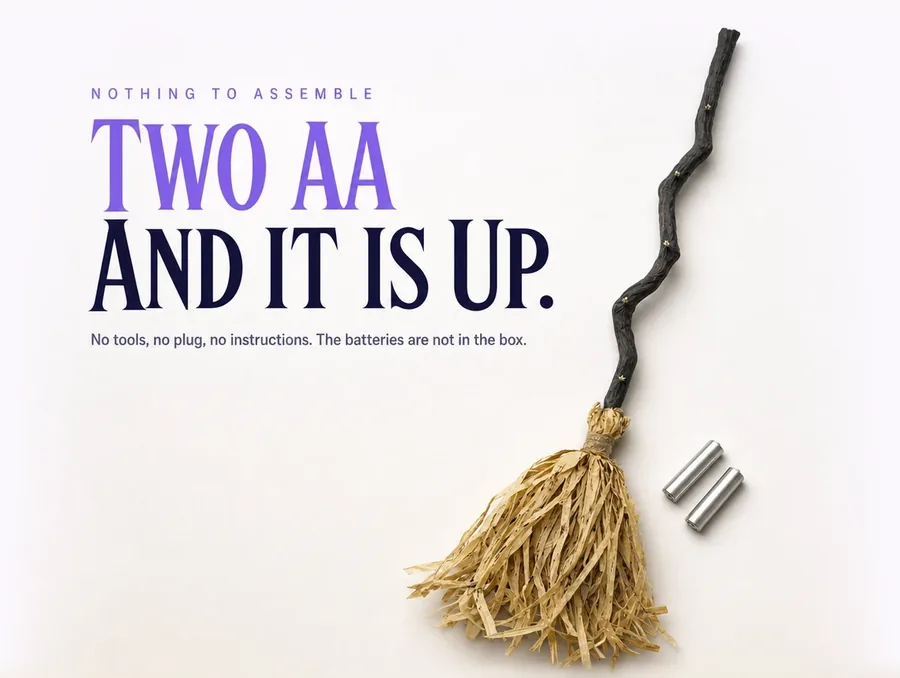 Studio still life on pale paper: the straw head with two plain AA batteries beside it
