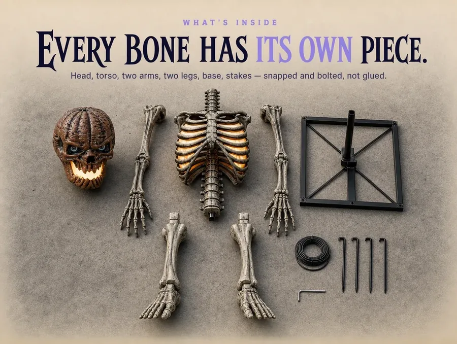 The pumpkin-skull head, torso, arms, legs and base laid out flat before assembly.