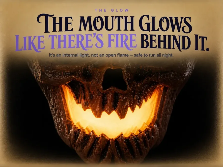 Night macro of the carved mouth glowing bright amber-orange from an internal light.