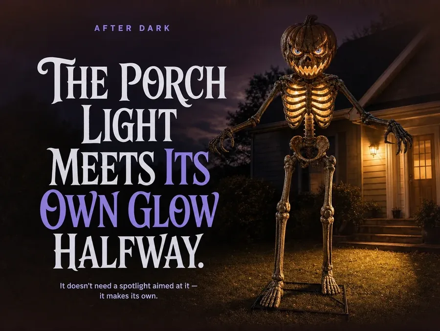 Warm porch light meeting the skeleton's own amber glow as dusk turns to night.