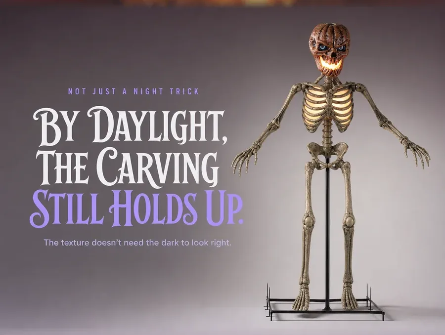 Clean studio shot of the full standing skeleton figure in soft even daylight.