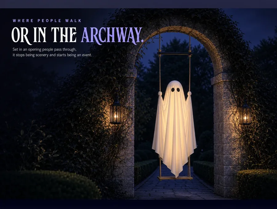 The lit ghost hanging in the opening of a stone garden arch thick with dark climbing vines