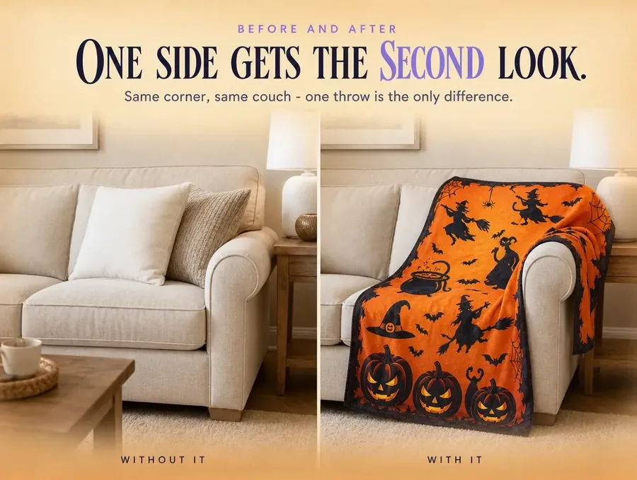 Split photograph of the same couch corner, plain on one side and dressed with the witch-print throw on the other.