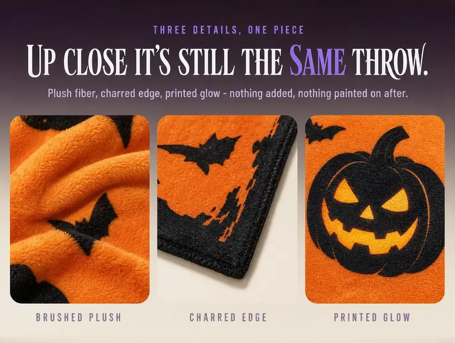 Three studio macros: the plush fiber, the charred border, and a lit jack-o-lantern in the print.