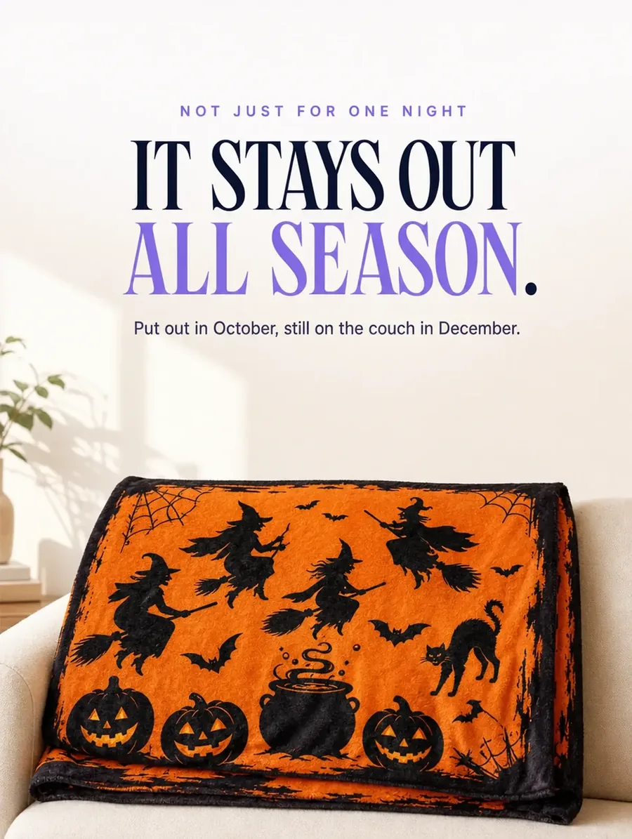 The witch-print throw folded over the arm of a couch in warm morning light, with open space above for the closing line.