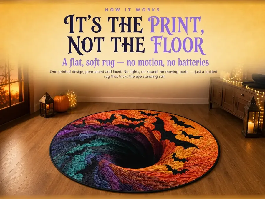 A three-quarter view of the illusion rug lying flat on a bare floor, showing it as a static printed textile.