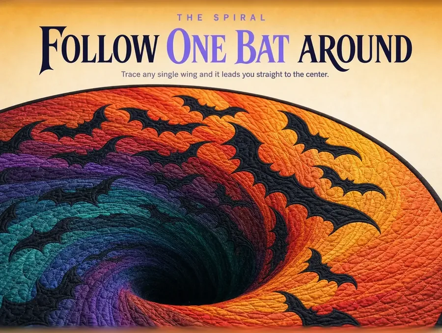 Overhead macro tracing the spiral of bats as the rug's print rotates from gold toward the dark center.