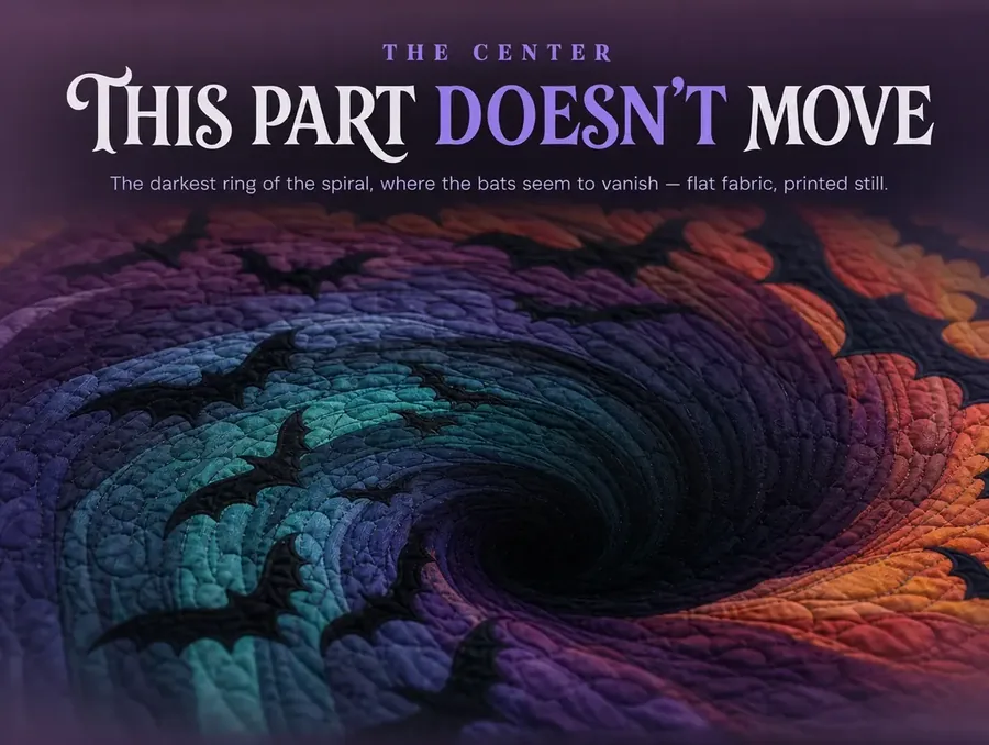 Macro of the rug's dark purple-teal center, where the last bats in the spiral fade into shadow.