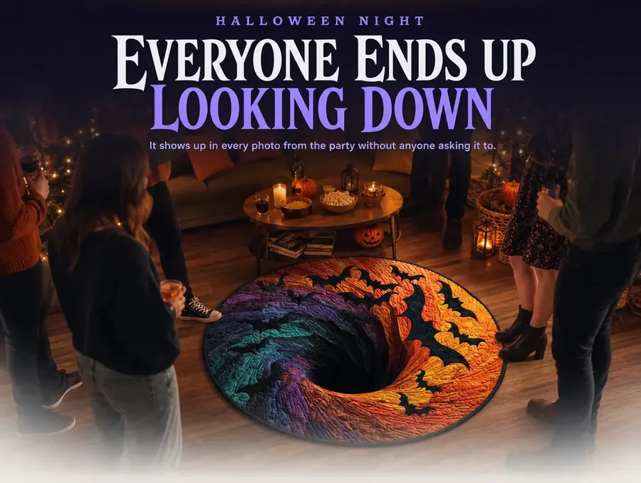 Feet gathered around the edge of an illusion rug at a lamp-lit Halloween get-together.
