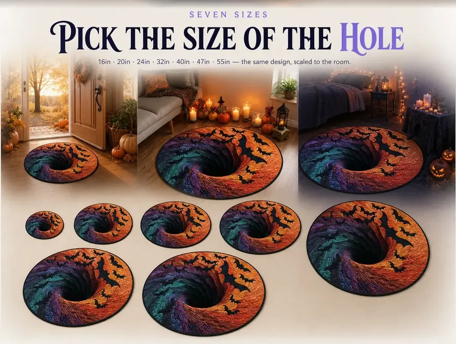 Seven sizes of the same bat-spiral illusion rug, from smallest to largest, laid out in a row.
