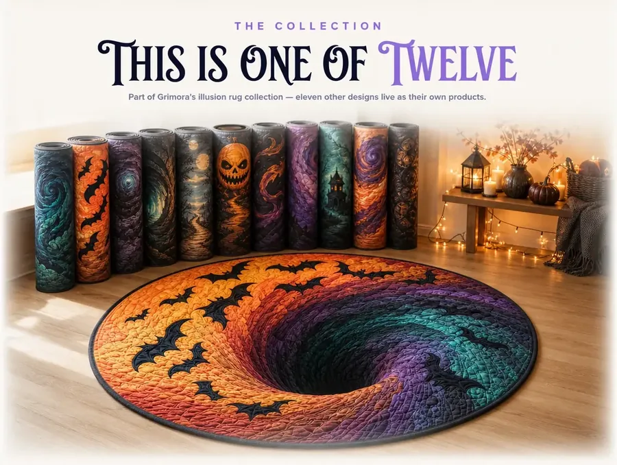 The unrolled bat-spiral rug displayed in front of a small stack of other rolled illusion rugs.