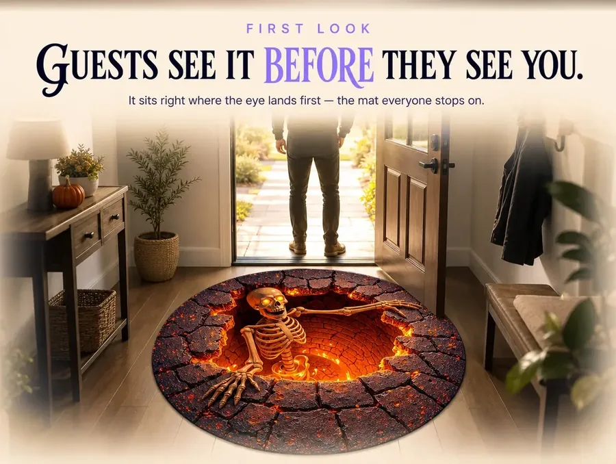 A visitor pausing in a doorway to look down at a round rug shaped like a glowing cracked pit