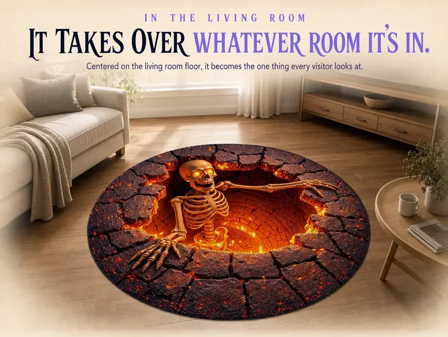 A living room with a round rug printed like a glowing pit set into the open floor space