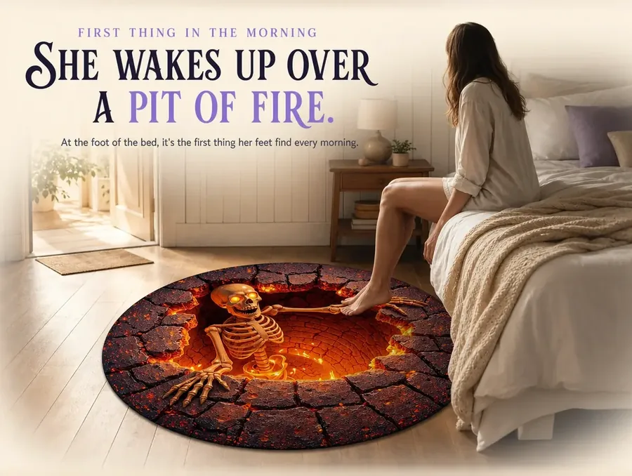 A person waking up with their feet near a fiery skeleton-pit rug at the foot of the bed