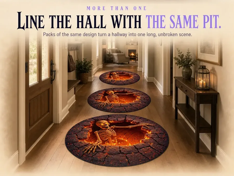 A hallway with three matching fiery skeleton-pit rugs spaced along its length