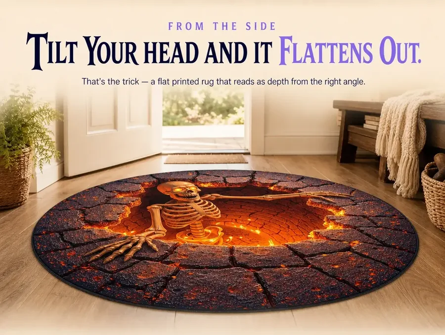 Low side-angle view of a printed rug where the illusion of depth appears flatter