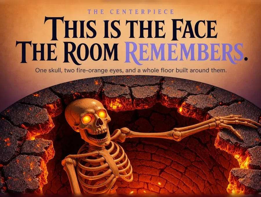 Dramatic close-up of a skeleton skull with fire-orange eyes rising from a printed lava pit