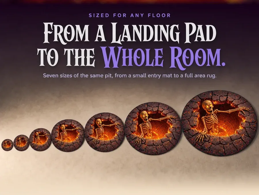 Several round rugs of different sizes lined up, each printed with the same fiery pit design
