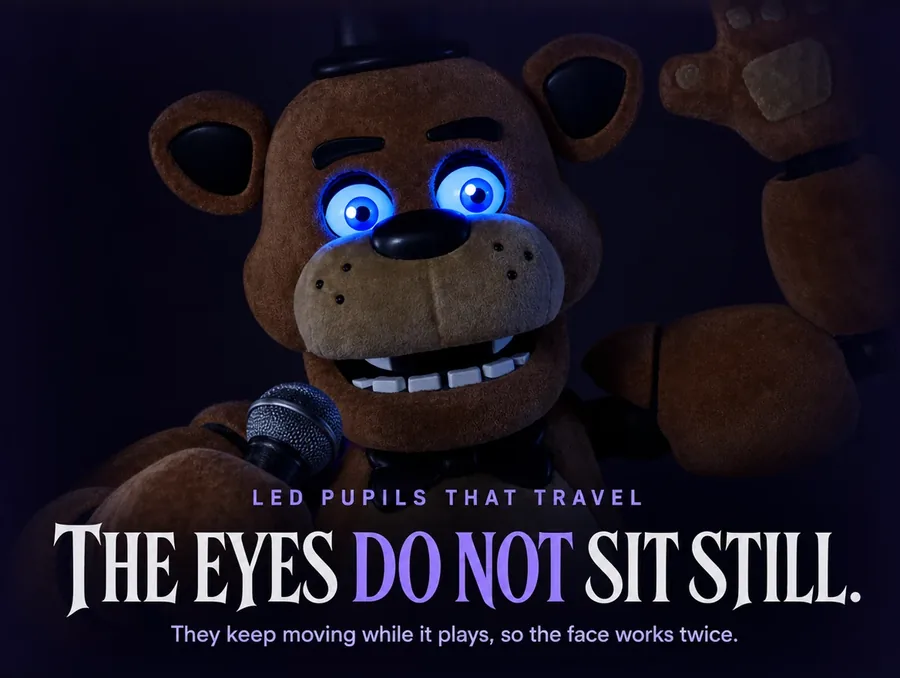 Night macro of the bear's face, each lit blue eye with its dark pupil in a different position.