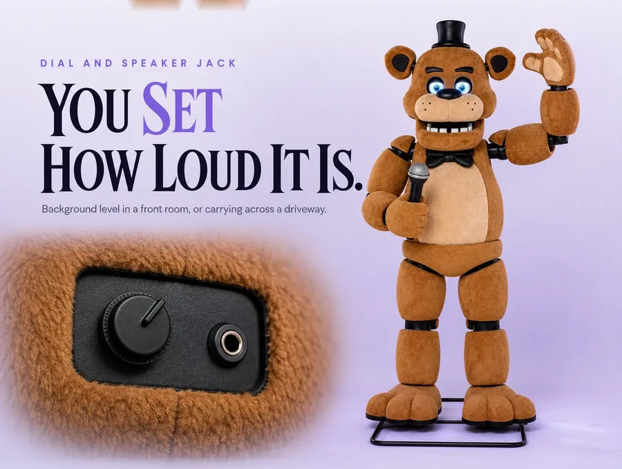 Studio macro of the black control plate on the bear's back with its volume dial and speaker jack.