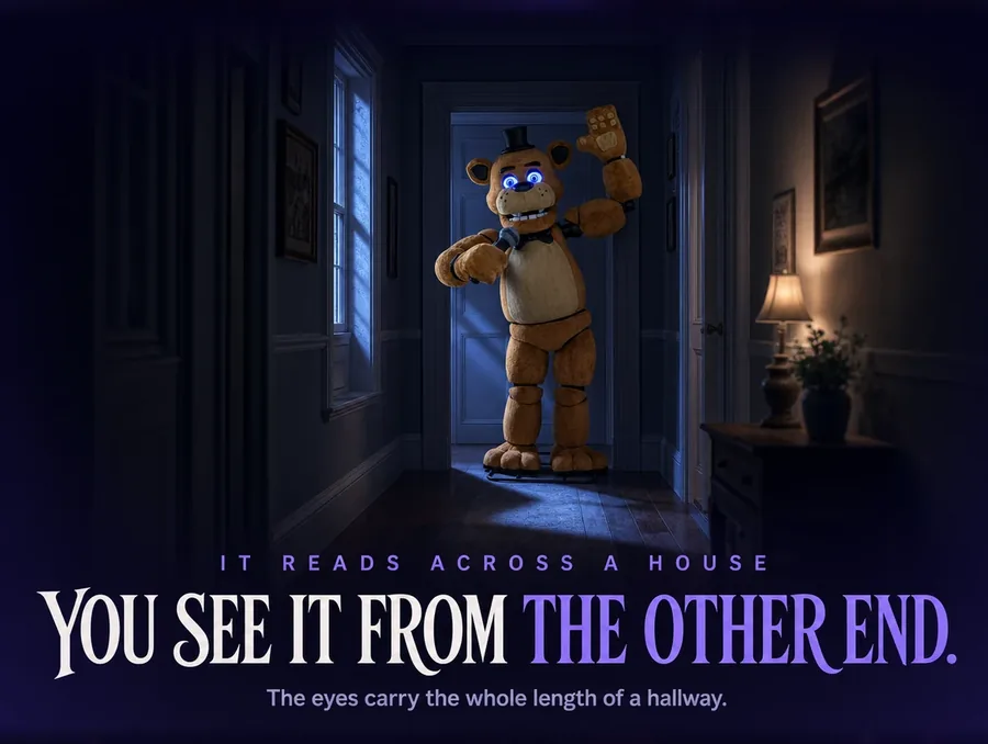 A dark hallway at night with the bear standing at the far end, moonlight across the floor and its eyes lit.