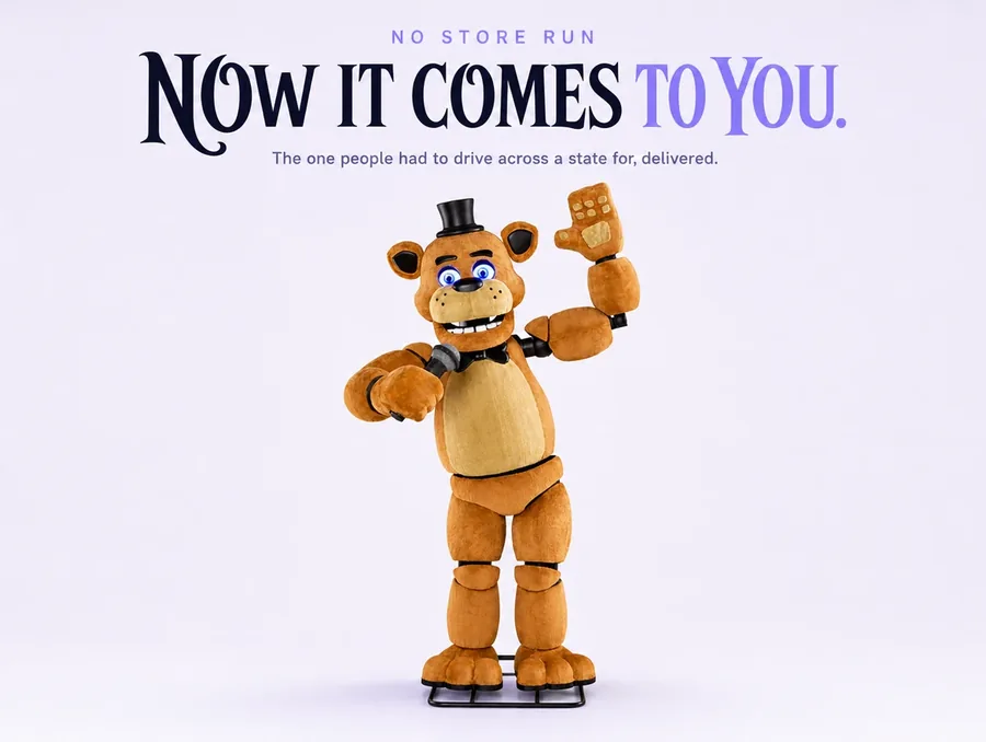 The bear cut out low on a pale ground with its blue eyes lit, under the line Now it comes to you.