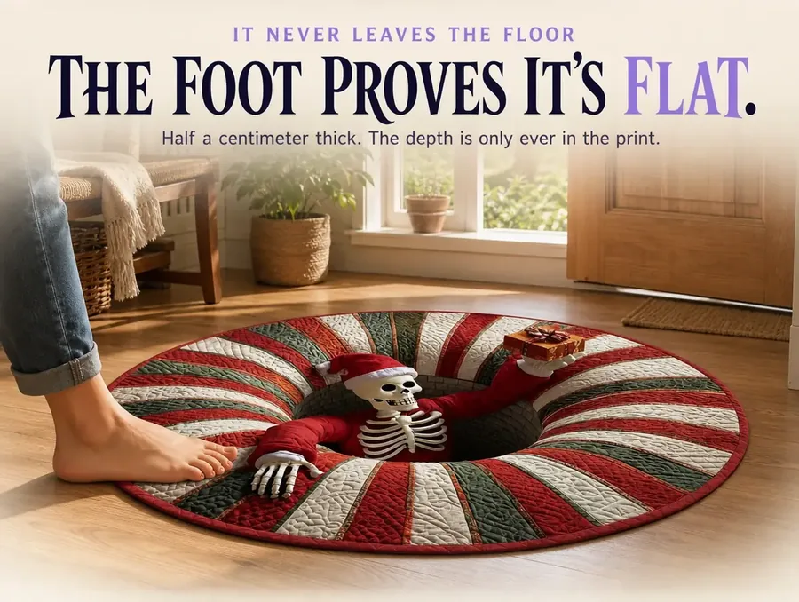 Low side-angle shot of a bare foot beside the illusion rug's edge, proving the printed hole is completely flat.