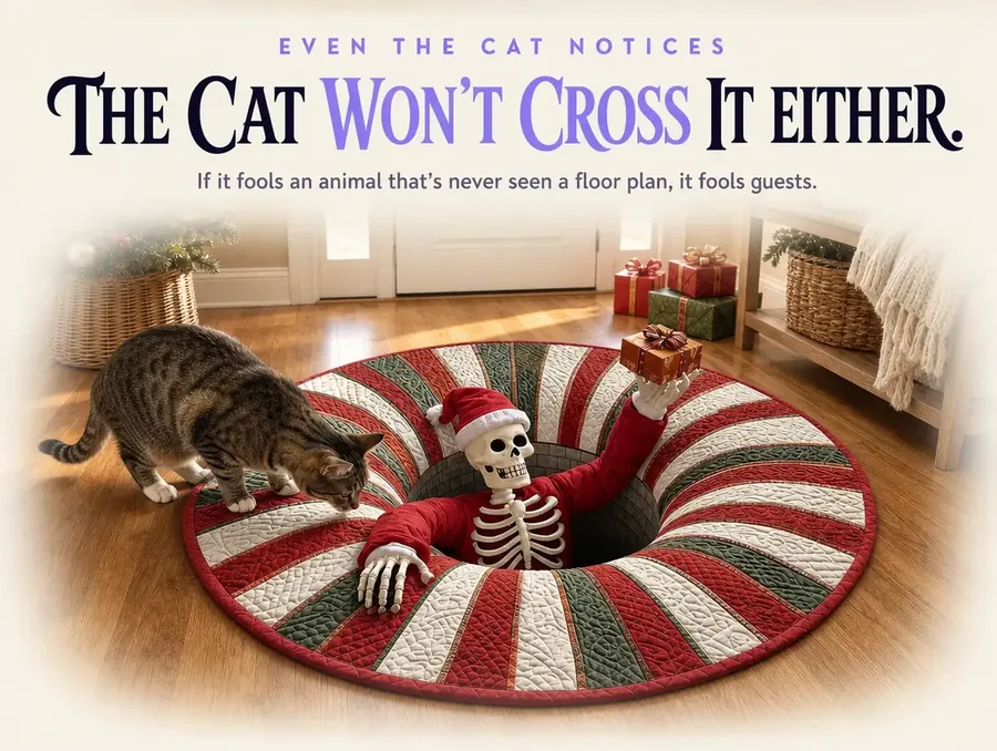 A house cat crouched at the edge of the illusion rug, paw lifted, hesitating to step over the printed hole.