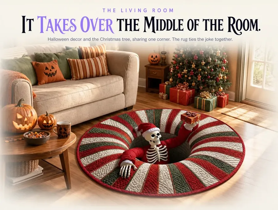 The illusion rug laid between a couch and coffee table in a living room styled with both pumpkins and a small tree.