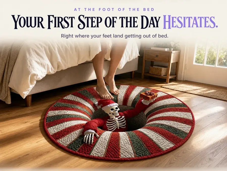 Bare feet pausing above the illusion rug's printed hole at the foot of a bed in morning light.