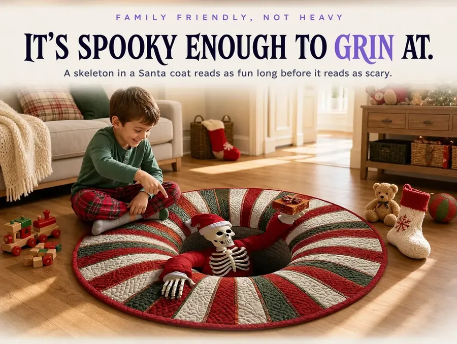 A child sitting near the illusion rug, pointing and grinning at the skeleton in a Santa coat printed on the floor.