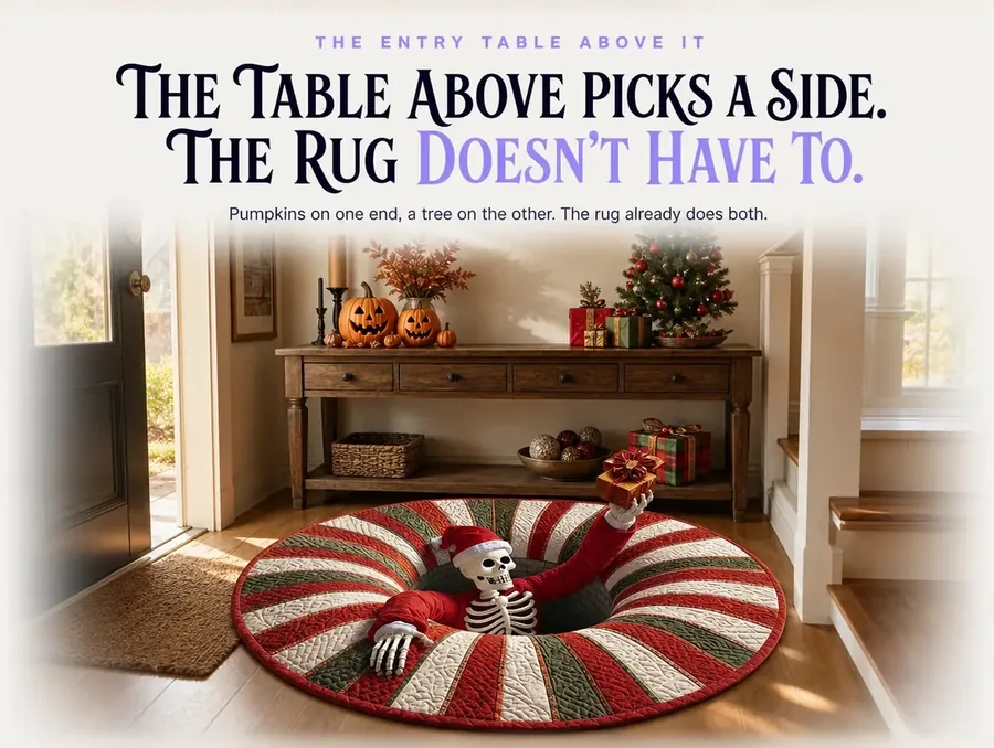 An entry table styled with pumpkins and a mini Christmas tree, the illusion rug laid on the floor beneath it.