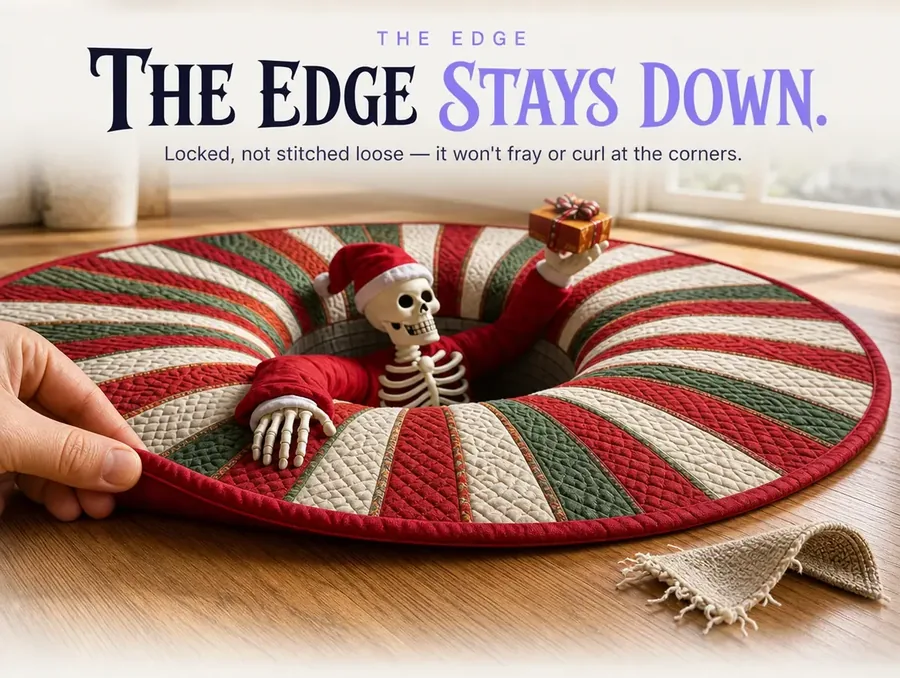 A hand bending the rug's locked edge flat, beside a curling frayed edge for contrast.
