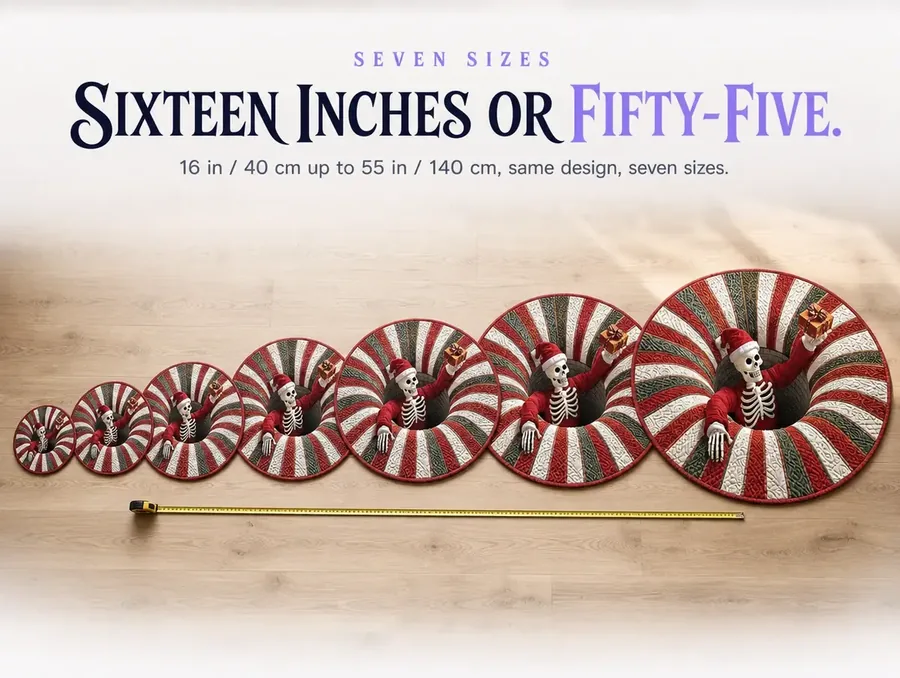 Seven of the same illusion rug design lined up smallest to largest with a measuring tape for scale.
