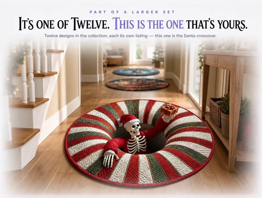 The Santa-suited skeleton rug in sharp focus in a hallway, with other illusion rugs blurred in the distance.