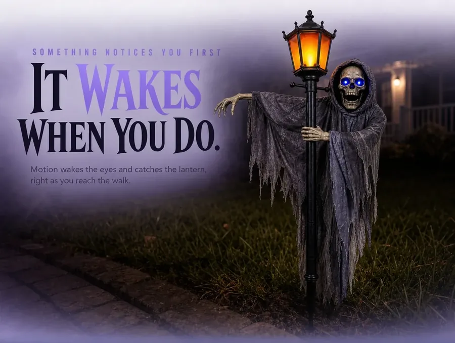 The lit gaslight ghoul alone on a dark lawn, its blue eyes and amber lantern the only light